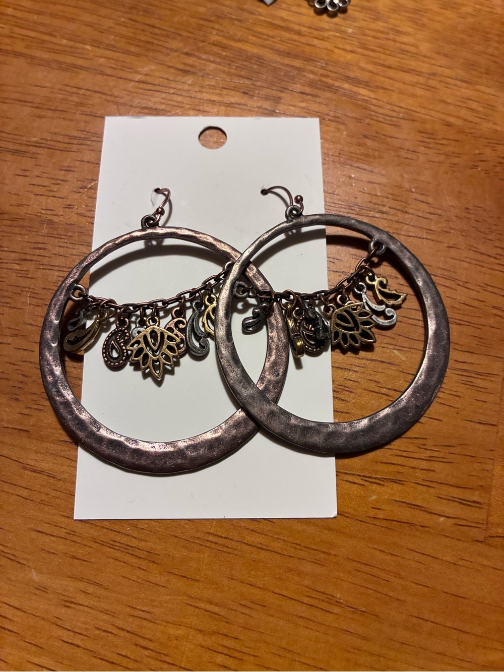 Boho Hammered Hoop Earrings with Dangle Charms - Copper Tone